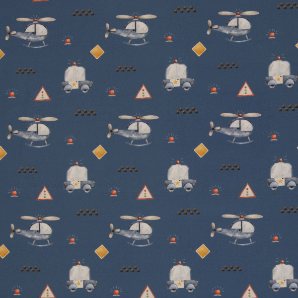 Baumwoll Webware Tinholt - Polizei + Hubschrauber auf blau