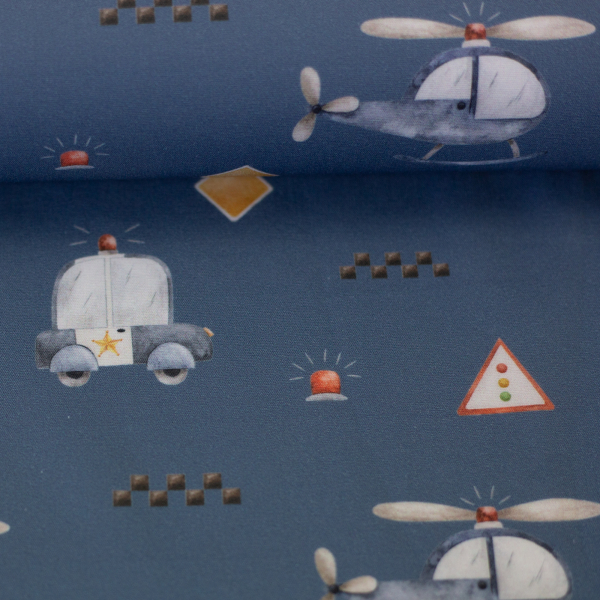 Baumwoll Webware Tinholt - Polizei + Hubschrauber auf blau