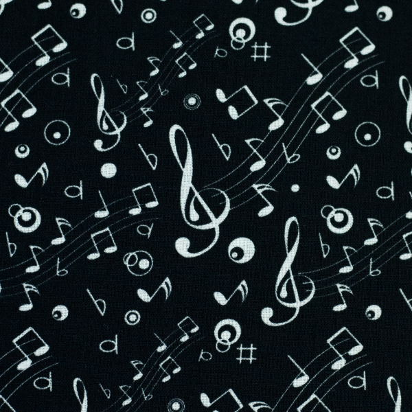 Baumwoll Webware Tim - Noten und Notenzeilen auf schwarz