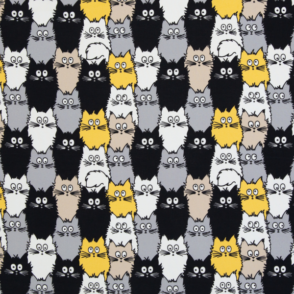 Baumwoll Webware Tim mit Katzen in grau, schwarz, gelb und weiß