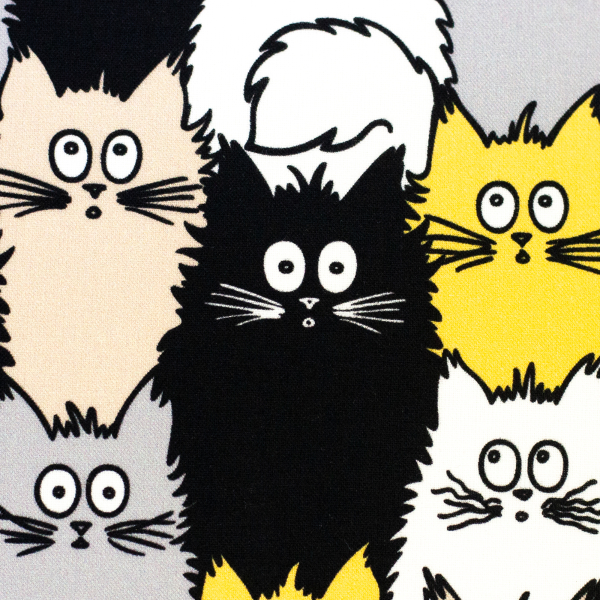 Baumwoll Webware Tim mit Katzen in grau, schwarz, gelb und weiß