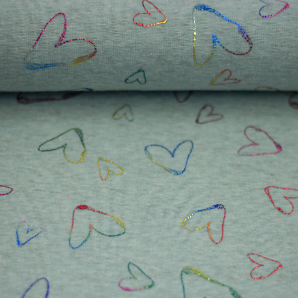 Alpenfleece bunte Glitzer Herzen auf mint meliert
