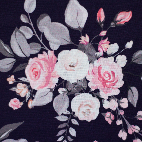 Baumwoll Popeline Rose mit Rosen auf navy