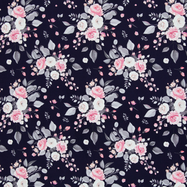 Baumwoll Popeline Rose mit Rosen auf navy