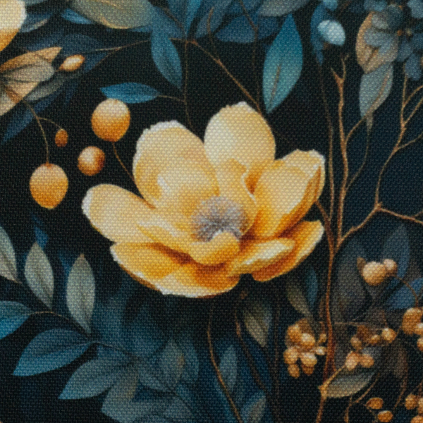 Oxford Flowing Bloom by Sarah Mariam - Outdoorstoff mit Blüten in gelb auf petrol