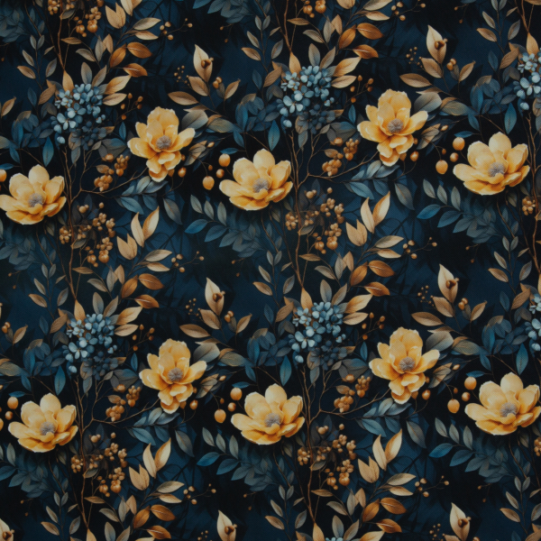 Oxford Flowing Bloom by Sarah Mariam - Outdoorstoff mit Blüten in gelb auf petrol