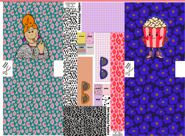 Cherry Picking Bag - DIY Canvas Panel für 2 Beutel mit Popcorn und Frau mit "Stinkefinger"