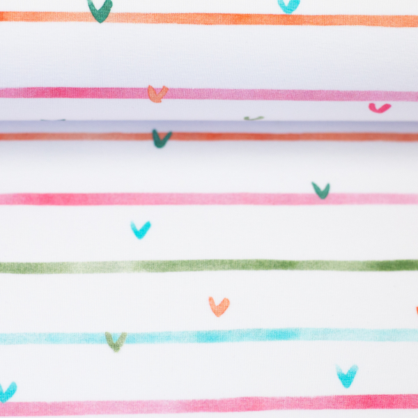 Baumwolljersey Cactus Cuties by Hip Som Hap mit kleinen Herzen und Streifen auf weiß