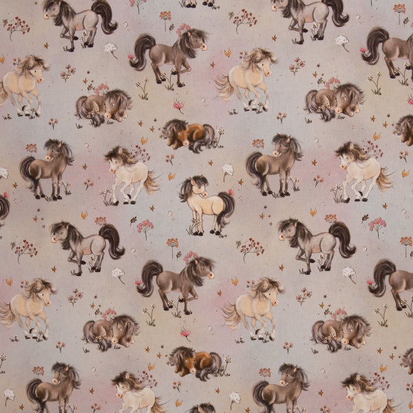 Baumwoll Webware Traumpferde - süße Pferde auf Wiese