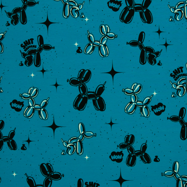 French Terry Shit happens by Thorsten Berger - viele kleine Luftballon - Hunde auf blau