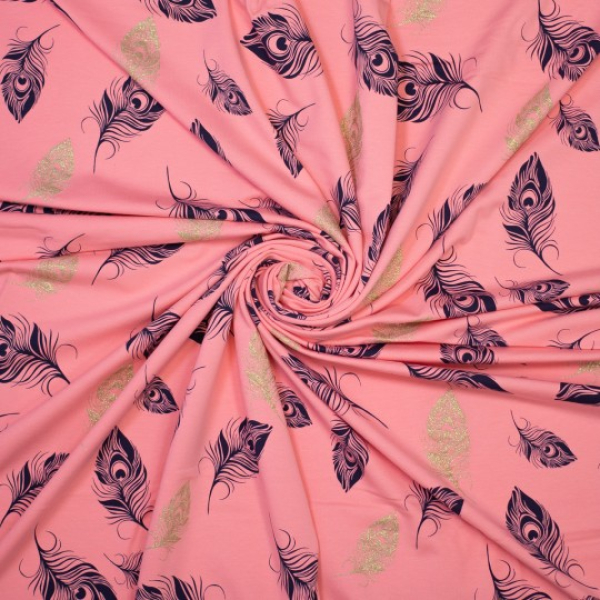 French Terry mit Federn und Glitzer auf rosa