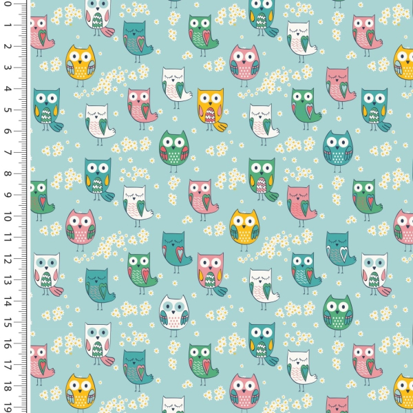 Baumwoll - Popeline  Little Ones - Eulen und kleine Blüten auf mint