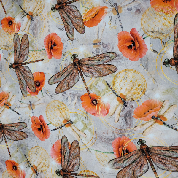 Viskosejersey Libellen + Mohn mit Ornamenten in gold - Rest 2,10 m