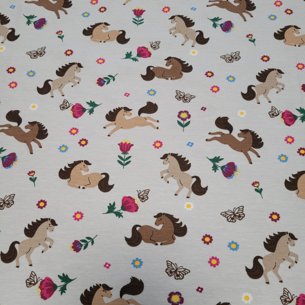Baumwolljersey Pferde und Blüten