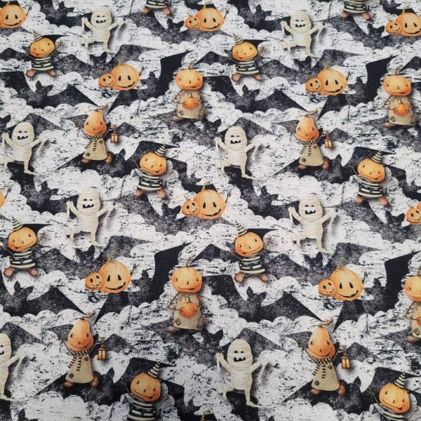 Baumwoll - Webware Halloween - Kürbis - Mumien und Fledermäuse