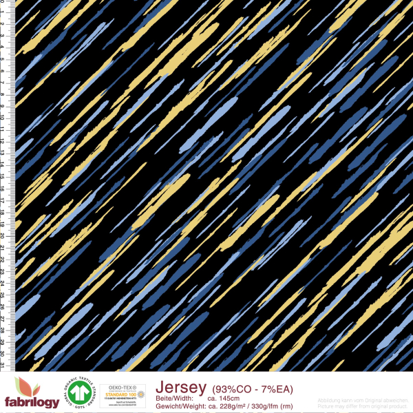 Baumwolljersey schräge Striche blau, gelb, schwarz - GOTS zertifiziert