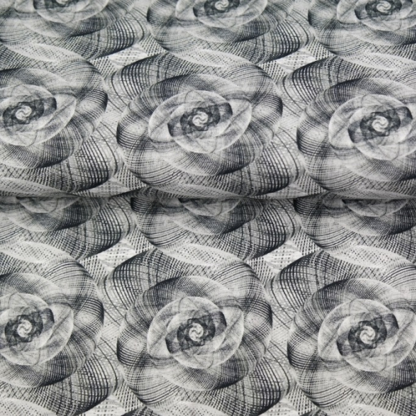 Baumwolljersey Blüten - Spiralenmuster in schwarz - weiß