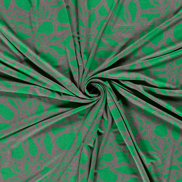 Viskosejersey in grün mit Blüten in pink