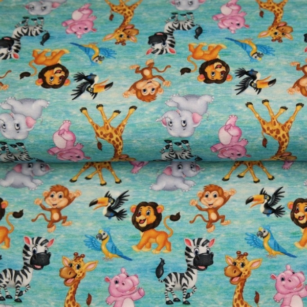 Baumwolljersey Dschungeltiere - Löwe, Giraffe, Zebra, Nilpferd, Papagei, Affe und Tukan