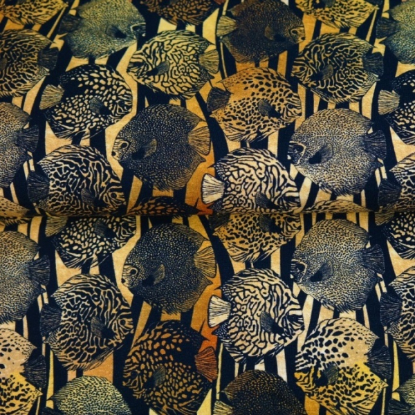 Baumwolljersey Digital print mit Fischen auf senf - Farbverlauf