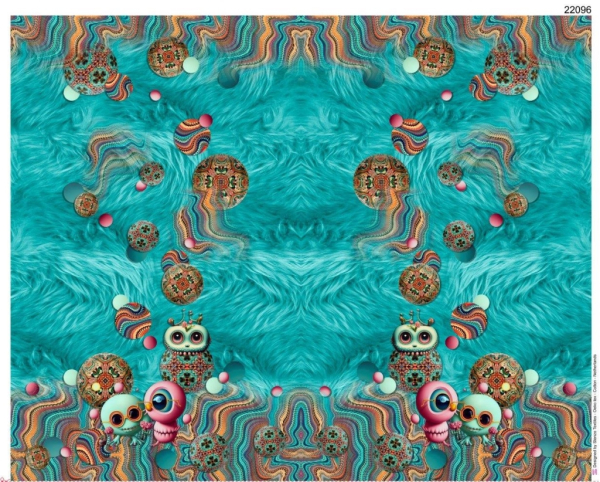 Baumwolljersey Panel mit lustigen Monstern auf blauem Fell - Digitaldruck