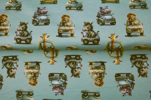 Baumwolljersey mit Elefant, Löwe, Giraffe und Nilpferd in Autos