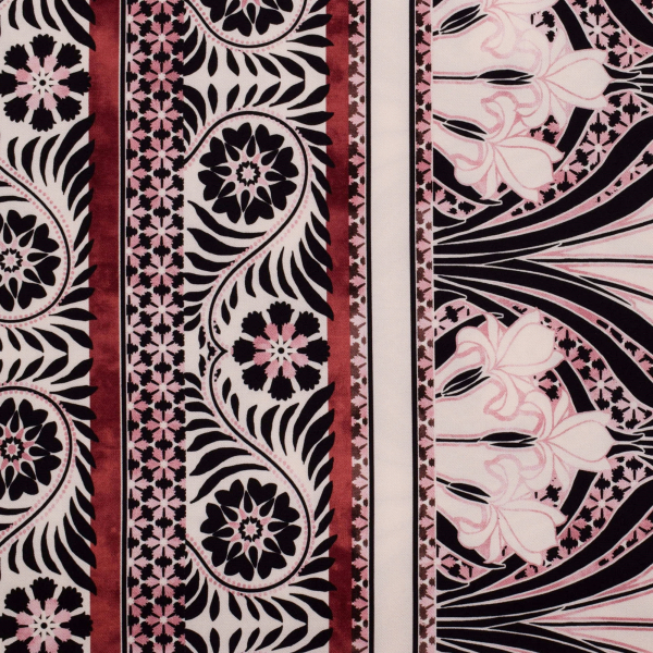 Viskose Webware - Bordürendruck mit Blüten in rosa - schwarz