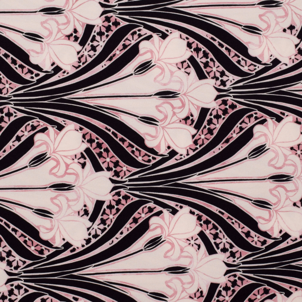 Viskose Webware - Bordürendruck mit Blüten in rosa - schwarz