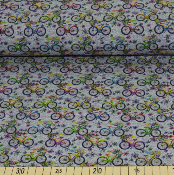 French Terry mit Fahrrädern regenbogen - bunt - graumeliert