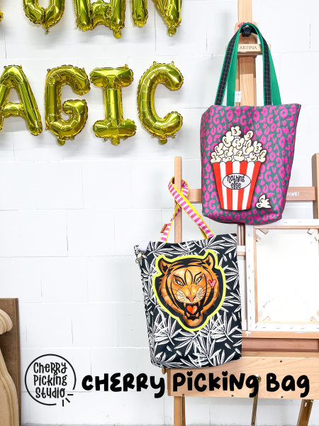 Cherry Picking Bag - DIY Canvas Panel für 2 Beutel mit Popcorn und Tiger