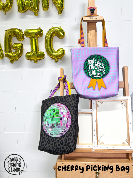 Cherry Picking Bag - DIY Canvas Panel für 2 Beutel mit Discokugel und Spruch