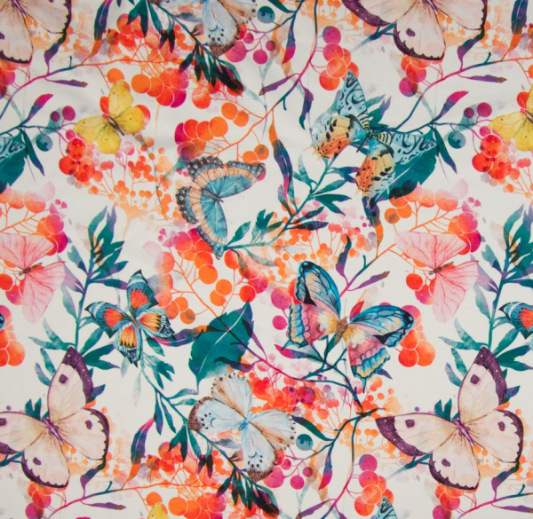 French Terry Blüten und Schmetterlinge in orange - petrol - Digitaldruck