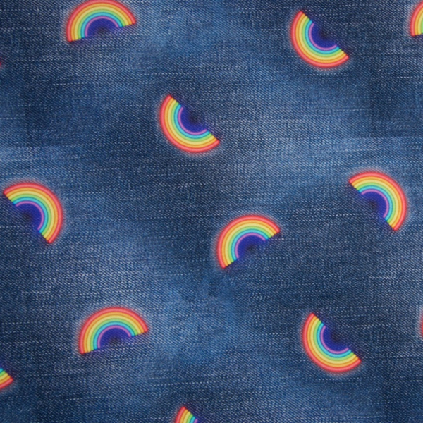 Baumwolljersey Jeanslook/ denim look mit Regenbogen