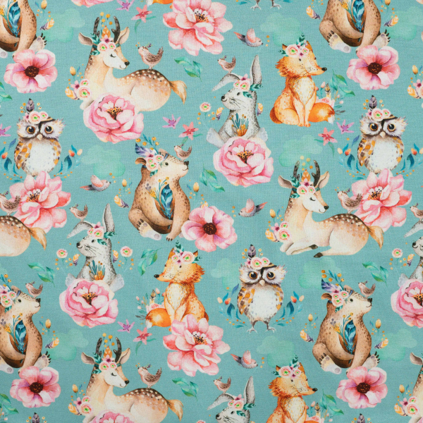 Baumwolljersey Touching Animals - Waldtiere ( Bär, Reh, Eule + Fuchs) mit Blüten