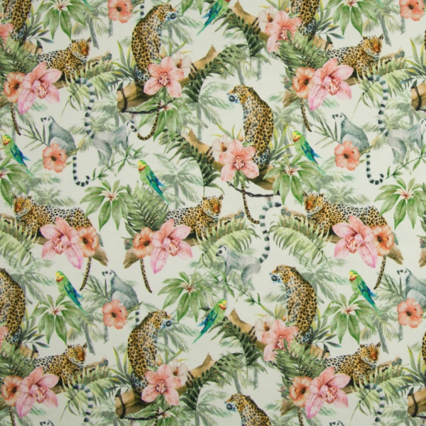 Baumwolljersey Dschungeltiere - Jungle - Leopard mit Blüten - Rest 1,3 m