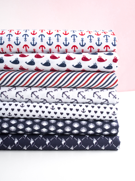 Baumwoll Webware Kiel - diagonale Streifen rot - navy - weiß