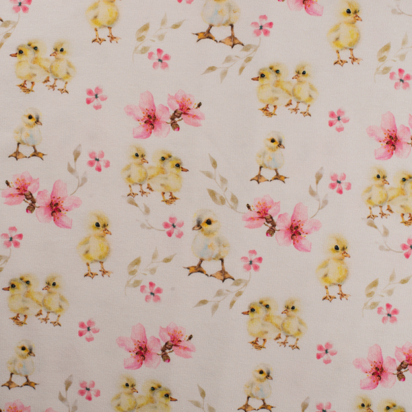 Baumwolljersey mit Küken und Blumen ( Ostern + Frühjahr) - Organic Cotton