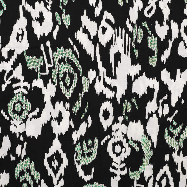 Viskose Webware - Chally - schwarz - weißes Muster mit Glitzerdruck in emerald