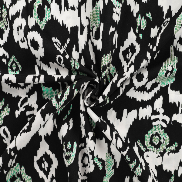 Viskose Webware - Chally - schwarz - weißes Muster mit Glitzerdruck in emerald