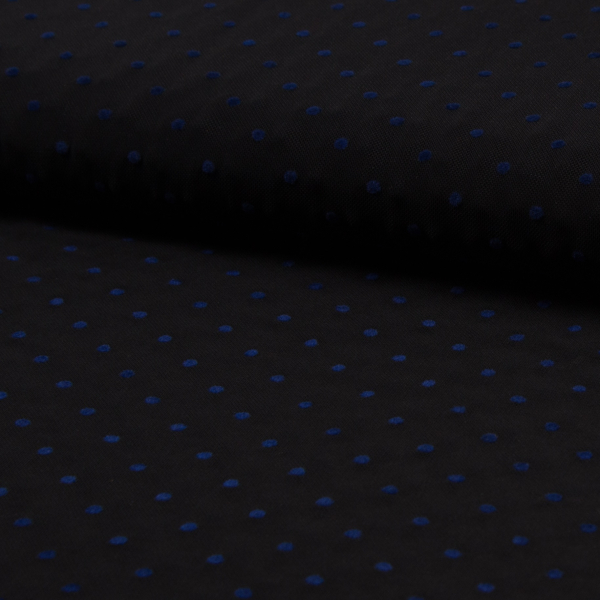 Mesh / Softtüll schwarz mit Flock-Print Punkte blau