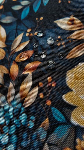 Oxford Flowing Bloom by Sarah Mariam - Outdoorstoff mit Blüten in apricot-petrol