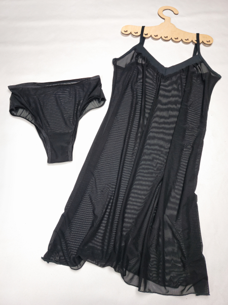 Mesh / Softtüll schwarz mit Flock-Print Punkte blau
