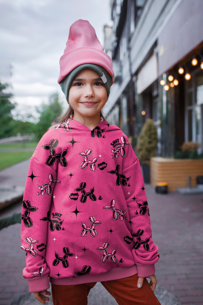 French Terry Shit happens by Thorsten Berger - viele kleine Luftballon - Hunde auf pink