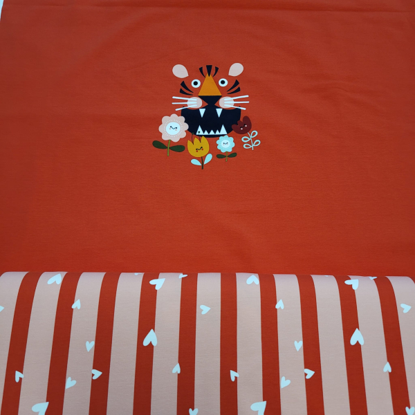 French Terry Panel mit Löwe + rosa Streifen mit Herzen