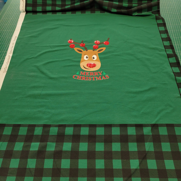 French Terry Panel Rentier - Merry Christmas - grün kariert mit Pailetten