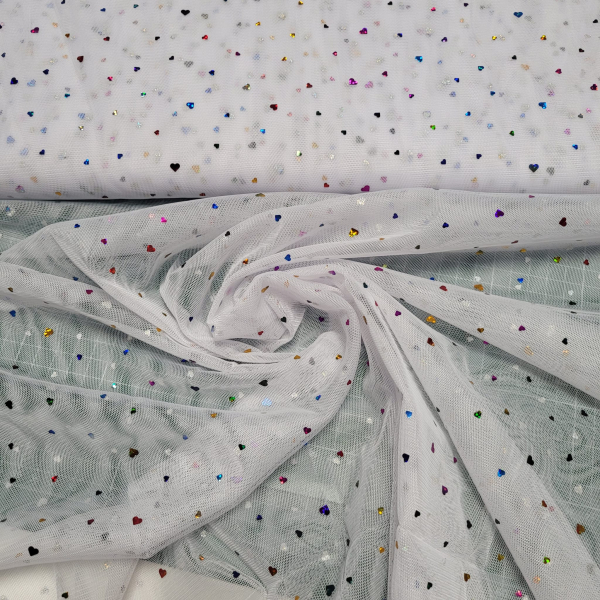 Tüll - Ballerinatüll - Softtüll Hearts - Glitzer- Herzen auf weiß