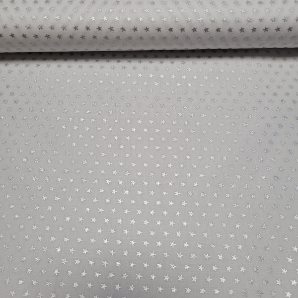 Baumwoll Webware Weihnachten - Sterne in silber auf weiß