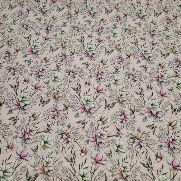 Baumwoll - Popeline Blüten und Schmetterlinge auf apricot