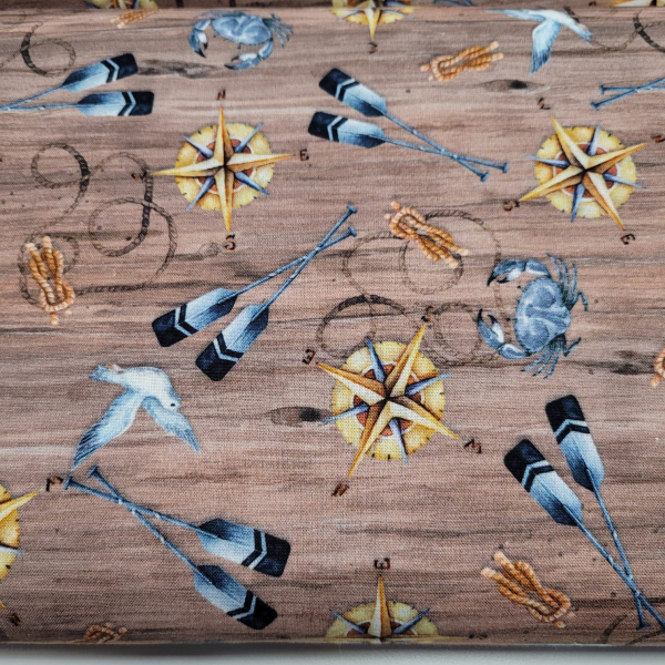 Baumwoll - Popeline Maritim mit Möwen, Paddel, Kompass auf Planken