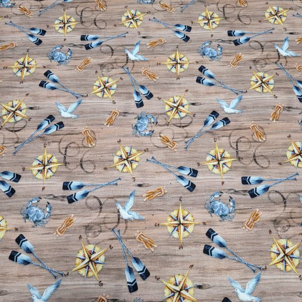 Baumwoll - Popeline Maritim mit Möwen, Paddel, Kompass auf Planken